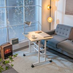 a living room with a couch, coffee table and fire place in front of the window