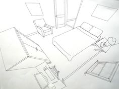 a drawing of a bedroom with a bed, chair and desk in the middle of it