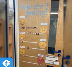 a door with stickers on it that says how am i feeling? and emoticting smiley faces