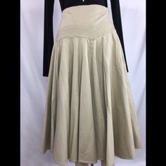 Preowned Unworn. Khaki Color Cotton Skirt. Has Stretch. Cinched Waist Flare Skirt. Fitted Pleated Skirt For Spring Daywear, Fitted Flared Skirt For Daytime, Fitted Flared Skirt For Daywear, Beige A-line Fitted Maxi Skirt, Beige Fitted Full Maxi Skirt, Fitted Beige Full Maxi Skirt, Fitted Full Beige Maxi Skirt, Fitted Pleated Beige Maxi Skirt, Fitted Full Beige Pleated Skirt