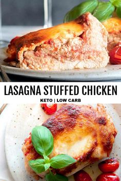 lasagna stuffed chicken on a plate with tomatoes and basil