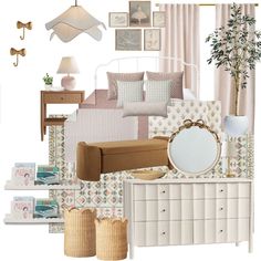 a collage of furniture and decor in pastel colors, including bedding, pillows, lamps, curtains, rugs