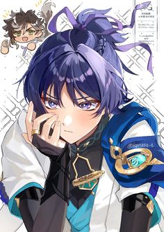 an anime character with purple hair and blue eyes, holding his hand to his face