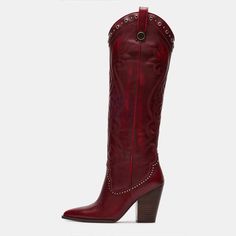 Vintage Red Chunky Heel Studded Stitching Knee Cowboy Boots for Women Knee High Cowgirl Boots, High Cowgirl Boots, Style Cowgirl Boots, Red Cowgirl Boots, Chunky Heel Platform Sandals, Knee High Western Boots, Cowboy Boots For Women, Chunky Heeled Boots, Red Cowboy Boots