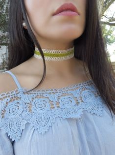 "Choker Necklace, Patterned Choker, Velvet Ivory Choker, Vintage Delicate Necklace, Crochet, Feminine Choker, Tattoo Choker, Boho Jewelry ❤ BUY ANY 2 ITEMS ANS GET 15% OFF!! (USE COUPON CODE '15OFF') ❤ ❤ BUY ANY 4 ITEMS ANS GET 20% OFF!! (USE COUPON CODE '20OFF') ❤ ❤ BUY ANY 6 ITEMS AND GET 25% OFF!! ((USE COUPON CODE '25OFF') ❤ Complete any outfit with this gorgeous fashionable and trendy choker necklace ! Made from 25mm lace and velvet Ribbon. Choker length: 12 inches + 2.5 inch extension chai Adjustable Cream Choker, Green Adjustable Vintage Choker, Handmade Cream Choker Necklace, Vintage Green Adjustable Choker, Choker Tattoo, Dragon Scale Necklace, Choker Velvet, Bohemian Tattoo, Suede Choker Necklace