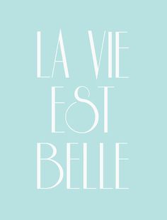 the words la vie est belle are in white on a light blue background,