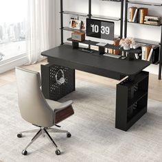 an office desk with a computer monitor on it