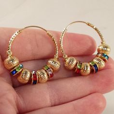 Bohemian Yellow Hoop Earrings, Gold Small Hoop Beaded Earrings For Festival, Yellow Hoop Earrings For Festival, Yellow Hoop Earrings With Dangling Beads, Yellow Beaded Small Hoop Jewelry, Festive Yellow Jewelry With Colorful Beads, Yellow Beaded Hoop Earrings, Yellow Colorful Beaded Hoop Earrings, Nickel Free Yellow Hoop Jewelry