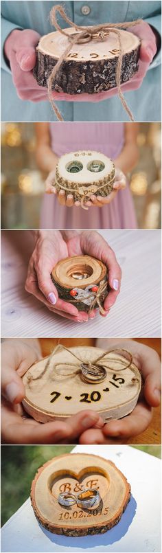 four different pictures showing the process of making wooden coasters with wood slices and numbers on them