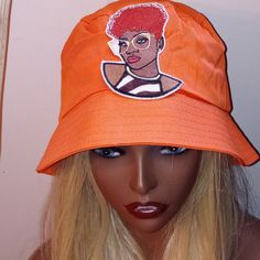 This Is A Brand New Bucket Hat With Eye Catching Patch Design Represents Melanin Woman Very Cute And Fashionable Adjustable Orange Bucket Hat, Casual Mini Hats For Spring, Casual Adjustable Orange Bucket Hat, Casual Orange Bucket Hat With Short Brim, Casual Orange Brimmed Hat, Casual Bucket Hat One Size, Orange Casual Hat One Size, Trendy Orange Cotton Hat, Casual Orange Hat One Size