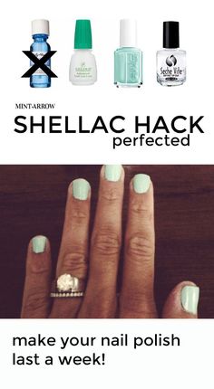 DIY shellac hack - make your polish last a week! no curing light required, comes right off with nail polish remover. Manicure Shellac, Mint Arrow, Beauty Hacks Nails, Gel Mani, Striped Nails, Nails Diy, Shellac Nails