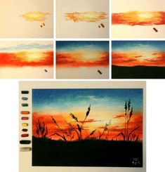 several pictures of different sunsets in various stages of being painted with acrylic paint