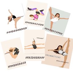 four different poses of a woman doing various yoga moves with numbers on the side and bottom