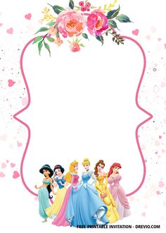 disney princess birthday party printables with pink roses and hearts on the bottom right corner