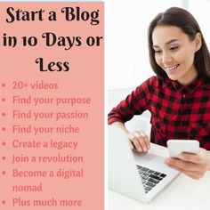 a woman sitting in front of a laptop computer with the words start a blog in no days or less