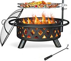 an outdoor fire pit with flames and grilling tongs next to it on a white background