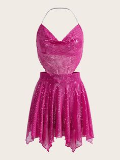 Hot Pink Sexy Collar Sleeveless  Plain  Embellished Slight Stretch  Women Co-ords Sequin Top And Skirt, Popstar Outfit, Halter Top And Skirt, Sequin Halter Top, Draped Collar, Corset Outfit, Sequin Halter, Shein Icon, Hanky Hem