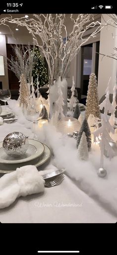 the table is set with silver and white decorations