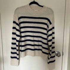 Brand New Without Tags H&M Sweater Navy Blue Stripes And Cream Cream And Navy Striped Sweater, H&m Casual Beige Sweater, H&m Knit Long Sleeve Sweater, H&m Striped Sweater, H&m Long Sleeve Soft Knit Sweater, Hm Sweater, Sweater Navy Blue, Sweater Brands, Blue Cream