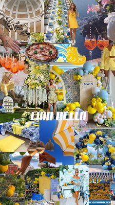 the collage shows many different things and colors in this photo, including lemons, blue