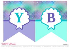 two banners with the letter p in purple, blue and green mermaid scales on them