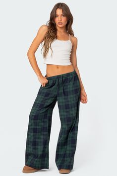 Loungewear pants Wide leg Adjustable tie waistband Plaid patterned fabric Cotton, Polyester Model wears size S Model height is 5'8 Item care: Wash with similar color Plaid Wide Leg Pants, Loose Wide Leg Pants, Wide Leg Lounge Pants, Plaid Decor, Long Trousers, Pj Pants, Plaid Pants, Casual Trousers, Plaid Print