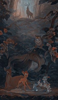 an animated scene with deers and rabbits in the woods