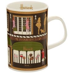 a coffee mug with the words harrods on it's front and side