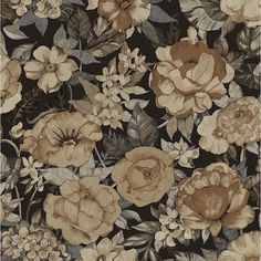 a floral wallpaper with brown and beige flowers on black background in an old fashion style