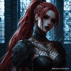 a woman with long red hair and black clothes in a gothic - style setting, wearing chainmails