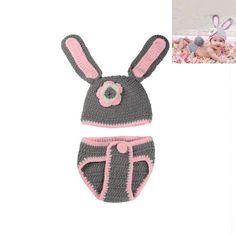 a crocheted bunny hat and diaper cover is shown next to an image of a baby