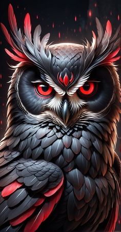 an owl with red eyes sitting on top of a table