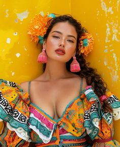 a woman with large breast wearing colorful clothing and earrings, leaning against a yellow wall