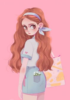 a drawing of a girl with long red hair holding a shopping bag and flower in her hand