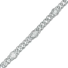 Dress her wrist in dazzling diamonds with this brilliant chain bracelet. Crafted in 14K white gold, this 4.5mm-wide curb chain sizzles with seven 1/15 ct. bezel-set diamond stations. Radiant with 1/2 ct. t.w. of diamonds and a bright polished shine, this impressive 7.0-inch bracelet secures with an oversized lobster claw clasp. Elegant White Gold Diamond Bracelet With Curb Chain, White Gold Curb Chain Bracelet, Elegant Silver Diamond Bracelet With Curb Chain, Elegant Silver Diamond Curb Chain Bracelet, White Gold Diamond Bracelet With Curb Chain, White Gold Diamond Bracelets With Curb Chain, White Gold Diamond Chain Link Bracelet, Formal Round Diamond Bracelet With Curb Chain, Formal Diamond Bracelet With Curb Chain