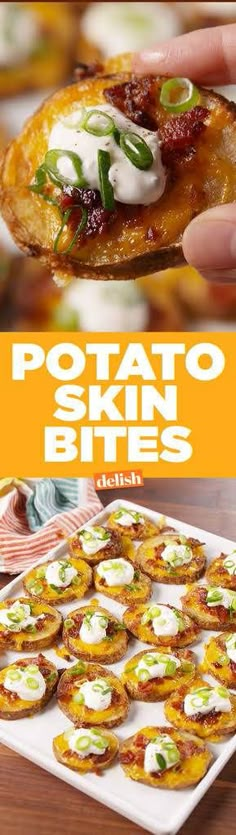 potato skin bites are being held up by someone's hand with the words potato skin bites on it