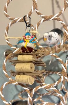 a bird sitting on top of a wooden structure with paper and corks hanging from it's sides