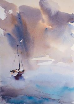 a painting of a boat floating in the ocean