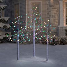 three lighted trees in front of a house with snow on the ground and bushes behind them