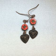 Small Heart Earrings in Copper Charm Earrings With Coral Flower Beads Handmade Jewelry Gift for Girlfriend - Etsy Bohemian Jewelry With Heart Beads In Flower Shape, Handmade Flower Earrings For Valentine's Day, Vintage Copper Beaded Earrings For Gift, Coral Flower, Reno Nv, Coral Flowers, Handmade Jewelry Gift, Flower Beads, Beads Handmade