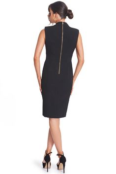 Explore the adaptability & versatility of our Just Zip It Dress. Boasting exposed functional gold zippers, this multipurpose LBD allows you to dictate the direction of your style. Crafted from stretch poly crepe, this midi dress showcases 1/4" thick shoulder pads and numerous functional zippers, including along the center back, front bodice, and skirt front princess seams. With the option to zip it closed for a more modest appearance, unzip it for a more alluring look, or find a middle ground. Y Office Knee-length Midi Dress With Back Zipper, Knee-length Midi Dress With Back Zipper For Office, Office Midi Dress With Back Zipper, Knee-length, Knee-length Midi Dress With Back Zipper For Work, Office Midi Dress With Back Zipper, Knee-length Midi Dress With Zipper, Chic Knee-length Midi Dress With Side Zipper, Midi Length Workwear Dress With Side Zipper, Elegant Workwear Dress With Zipper Closure