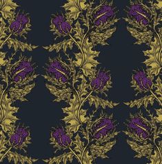 a purple and gold floral pattern on a black background