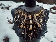 Large leather and bone bib #gothstyle #witchstyle #avant-garde #wolfteacreations #goblincore #feral Bone Fashion Design, Bone Clothes, Bone Costume, Bones Costume, Viking Halloween Costume, Priest Costume, Bone Accessories, Ren Faire Outfits, Viking Costume