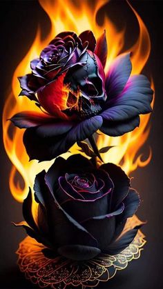 two roses with flames in the background and a skull sitting on top of one flower