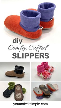 slippers made out of felt with text overlay that says diy comfy, stuffed slippers