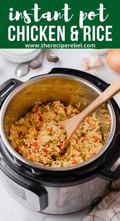 an instant pot chicken and rice recipe with a wooden spoon in it