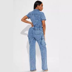 Style: Casual Fit: Regular Fabric: Denim Pattern: Solid Element: Button,Pocket,Zipper Neckline: Collared Sleeve Type: Regular Sleeve Length: Short Sleeve Pant Length: Full Main Composition: Cotton Season: Summer Denim Pattern, Denim Patterns, Bell Bottom Pants, Bell Bottom, Denim Jumpsuit, Casual Fit, Slim Waist, Casual Fits, Bosnia And Herzegovina