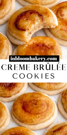 some cookies that have been cut in half with the words creme brule on them