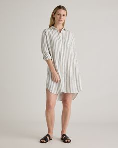 100% European Linen Shirt Dress Relaxed Fit Knee-length Shirt Dress With Placket, Relaxed Fit Knee-length Shirt Dress, Elegant Shirt Dress With Roll-up Sleeves For Daywear, Summer Cotton Shirt Dress For Business Casual, Casual Shirt Dress With Roll-up Sleeves And Spread Collar, Elegant Spring Shirt Dress With Roll-up Sleeves, Summer Casual Shirt Dress For Business Casual, Casual Shirt Dress For Business Casual In Summer, Casual Shirt Dress With Spread Collar For Work