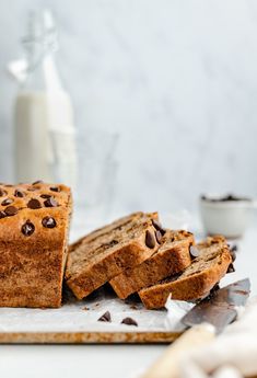 slices of chocolate chip bread on a cutting board